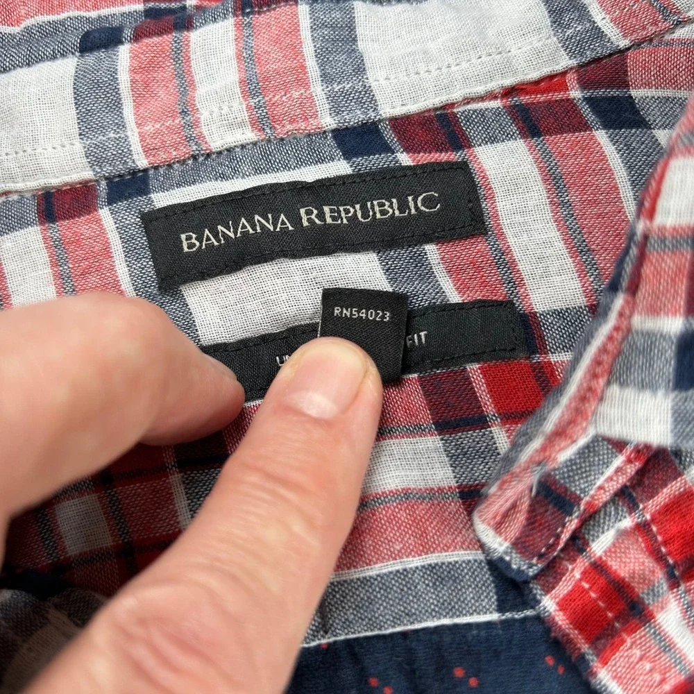 Banana Republic Mens‎ Untucked Slim Fit Plaid Button Down Shirt Red Blue Large